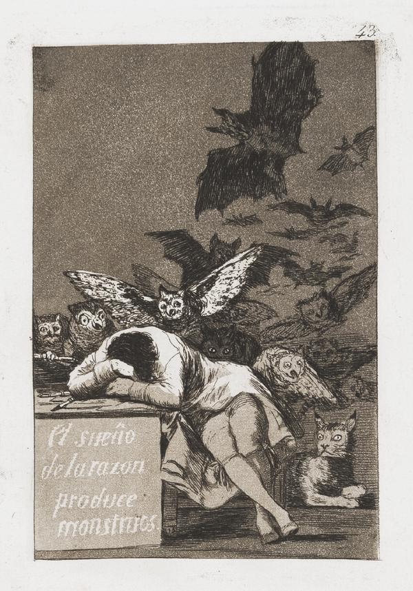 Francisco de Goya, El sueño de la razon produce monstres, 1799, Aquatinta-Radierung, 21,8 x 15,2 cm