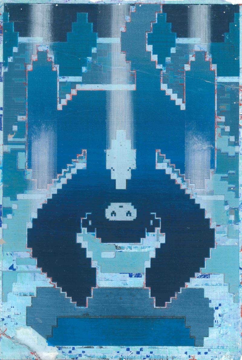 Ludwig Hanisch, patterntopixel fallin (cross, 1/3), 2025, Acryl und Acryllack auf Papier, 34 x 23 cm