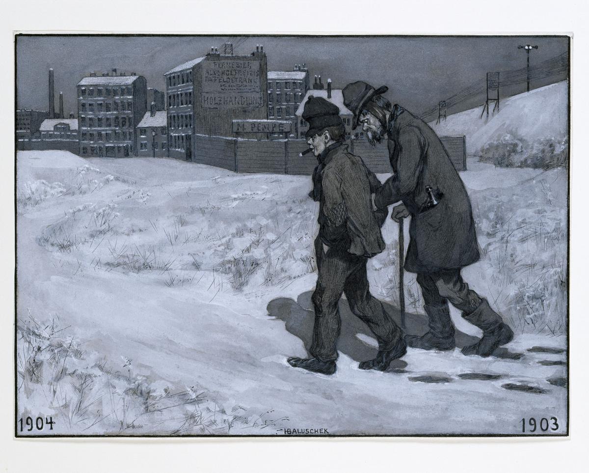 Hans Baluschek, Berliner Vorstadt im Schnee mit zwei Betrunkenen, 1903/1904