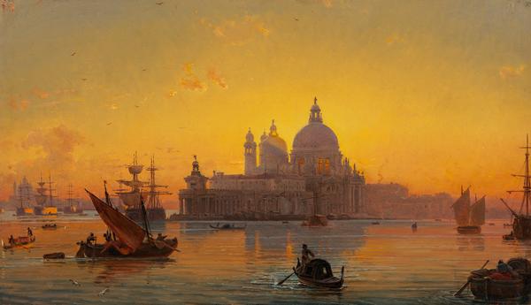 Ausstellung „Friedrich Nerly – Von Erfurt In Die Welt“ im Angermuseum Erfurt: Nerl, Abendstimmung in Venedig mit Santa Maria Della Salute, Öl auf Papier, 27,6 x 47,8 cm
