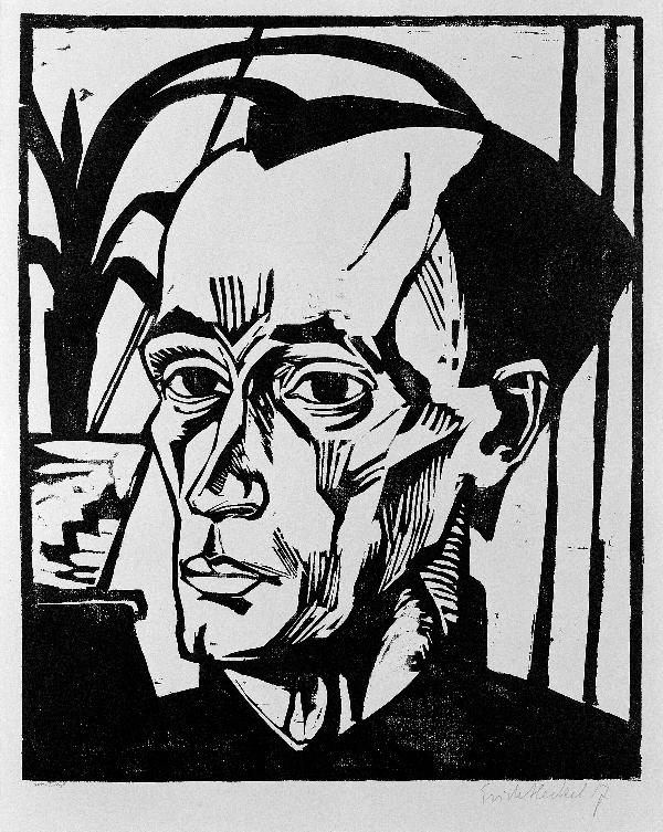 Erich Heckel: Selbstbildnis, 1917, Holzschnitt, 36,8 x 29,8 cm, Stiftung Rolf Horn in der Stiftung Schleswig-Holsteinische Landesmuseen Schloss Gottorf