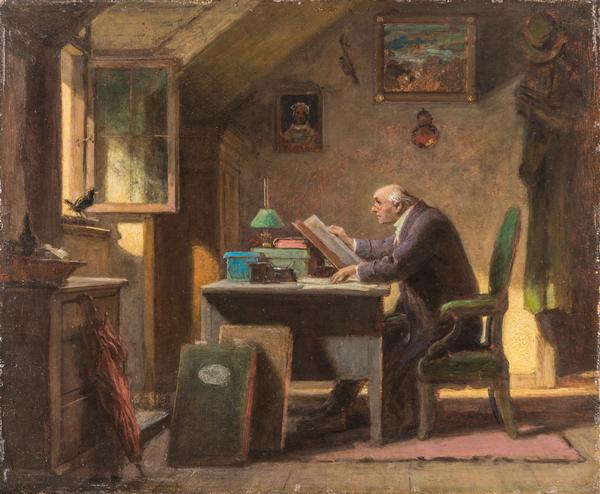 Carl Spitzweg, Ein Besuch, um 1850, Öl auf festem, braunem Malkarton, Museum Georg Schäfer, Schweinfurt 