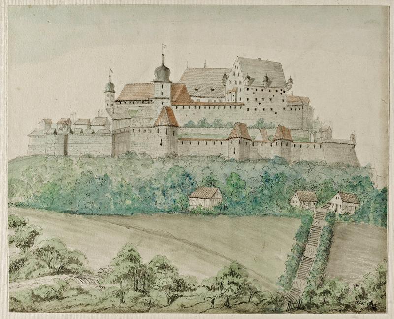 Veste Coburg von Süden im Zustand vor 1663, Zeichnung aus dem Frommann-Album, 1905