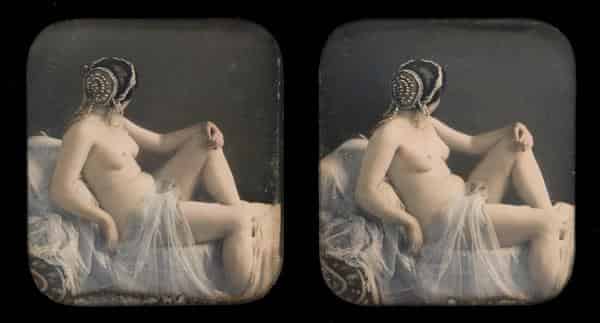 Bruno Braquhais: Odaliske, um 1855, kolorierte Stereo-Daguerreotypie, Private Sammlung