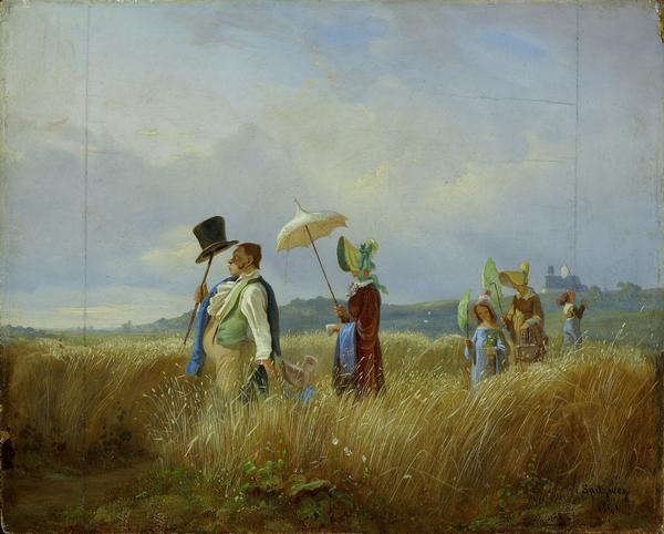 Carl Spitzweg, Der Sonntagsspaziergang, 1841, Öl auf Holz, Salzburg Museum, Nachlass Fanny von Lehnert