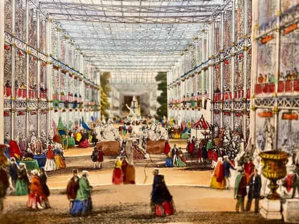 Faltperspektive mit der Innenansicht des Crystal Palace der Londoner Weltausstellung von 1851, zehn kolorierte Lithografien, 1851, Private Sammlung