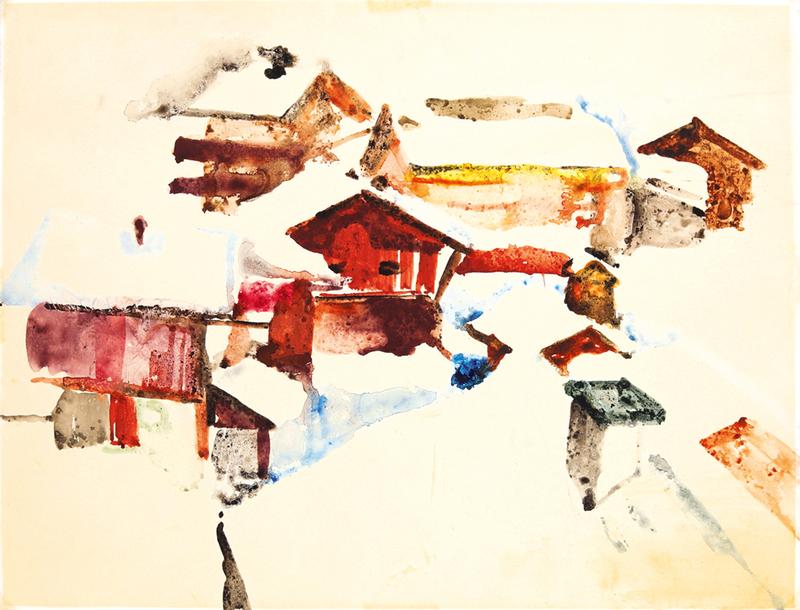 Heike Rongstock-Tooren, Dorf im Schnee, 1968, Aquarell, 30 x 40 cm, Sammlung Kunstmuseum Bayreuth