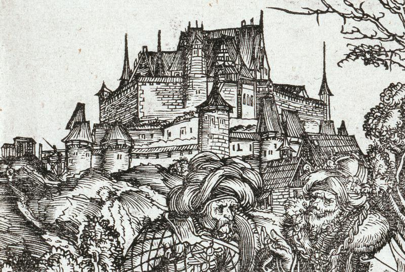 Lucas Cranach d. Ä., Das Martyrium des heiligen Erasmus, Detail mit Ostansicht der Veste Coburg, 1506