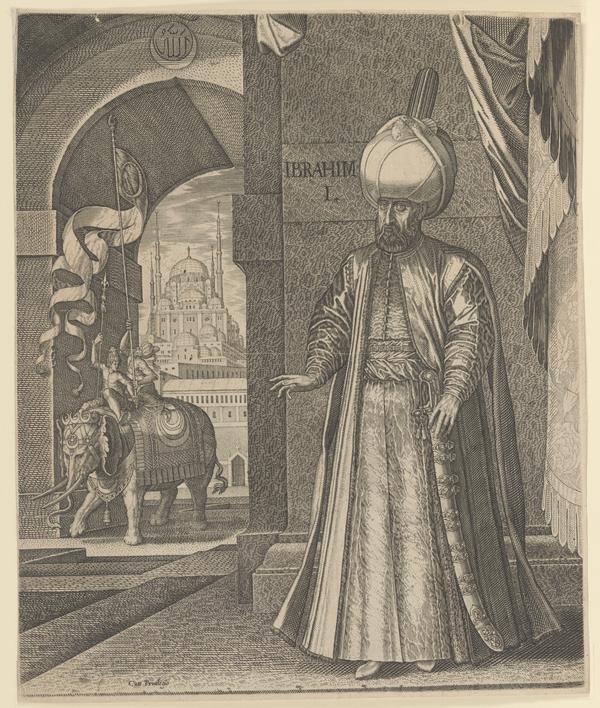 Melchior Lorichs, Stecher, Sultan Süleyman I. in Ganzfigur, stehend, 1562, Kupferstich