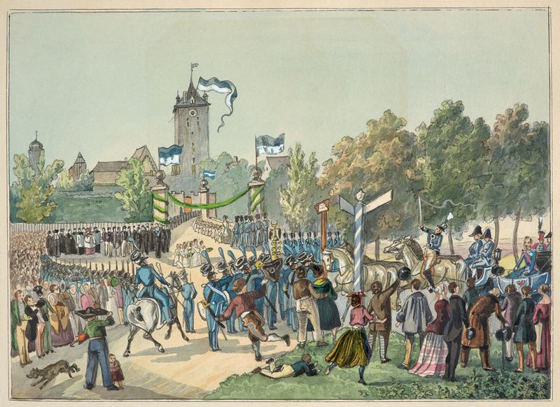 König Ludwig I. besucht Schweinfurt am 22. August 1828 Zeichnung von Catharina Sattler (1789-1861) in der „Schweinfurter Festchronik“ Stadtarchiv Schweinfurt (StadtA Schweinfurt, Ha 203)