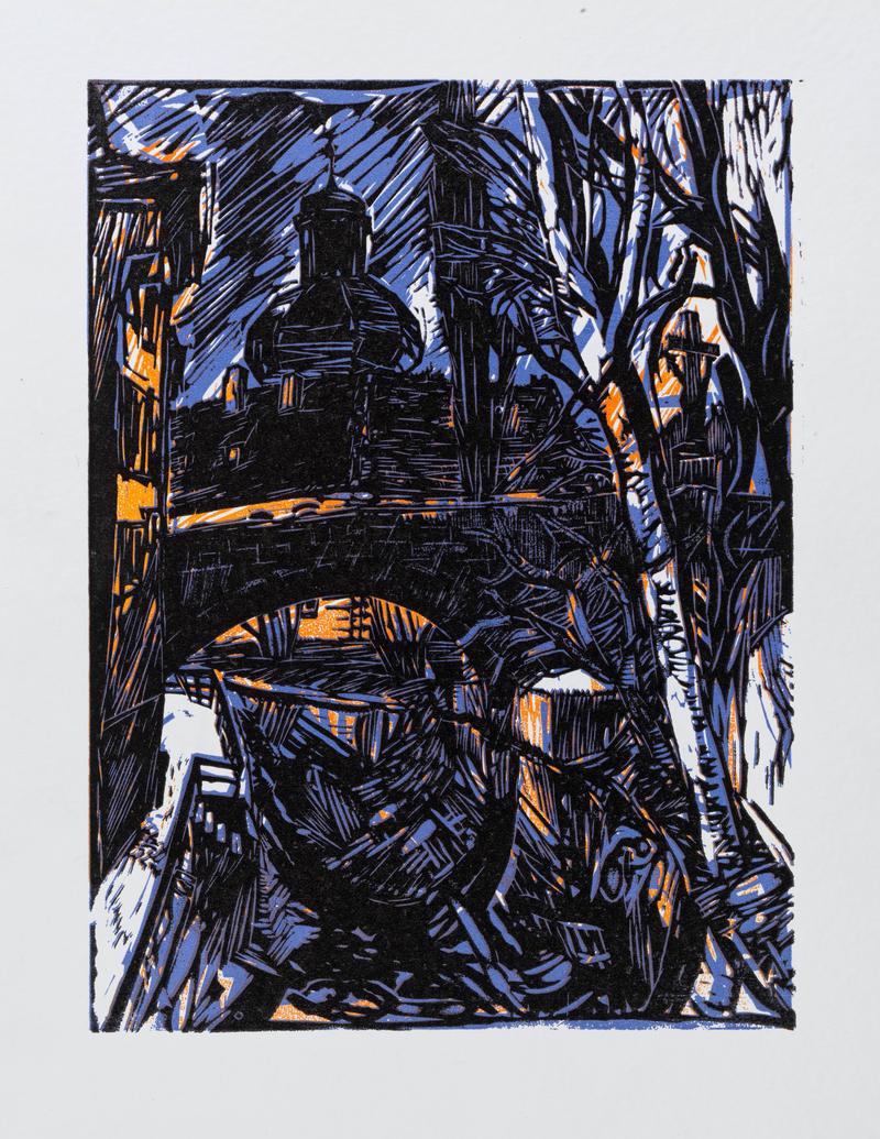 Alexej Borutscheff: Obere Brücke und Schloss Geyerswörth in Bamberg. Holzschnitt, 1967. Staatsbibliothek Bamberg, Msc.Add.1025(E 7.