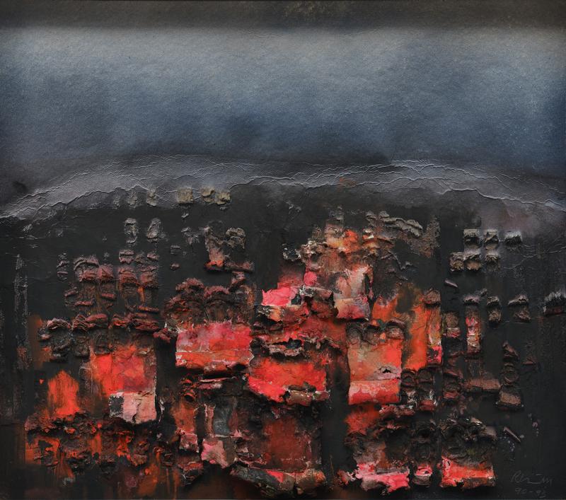 Gertrude Reum, Spuren, 1990-1993, Zellstoffrelief, 70 x 78 cm, Sammlung Würth, Inv. 3870