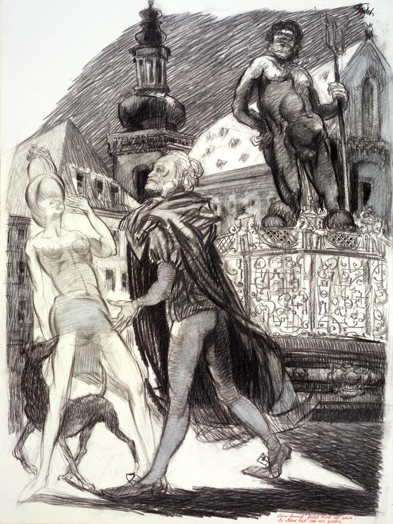 Alexej Borutscheff: Faust und Gretchen vor dem Gabelmann-Brunnen und Sankt Martin in Bamberg. Zeichnung, 1961/1970. Staatsbibliothek Bamberg, Msc.Add.1025(B 6,1-7.