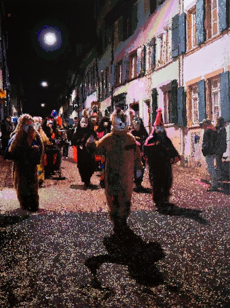 Römer + Römer, Fasnacht in der Basler Altstadt, 2024, Öl auf Leinwand, 160 x 120 cm