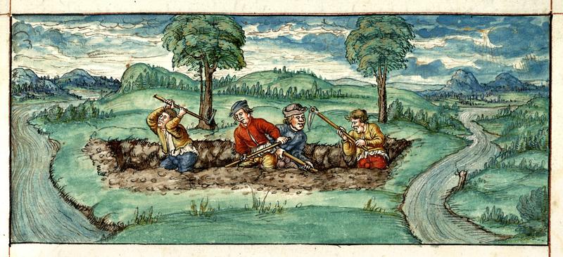 Lorenz Fries, Chronik der Bischöfe von Würzburg („Echter-Exemplar“): Bau des Karlsgrabens (Fossa Carolina), 1574-1582, Ausschnitt/Faksimile