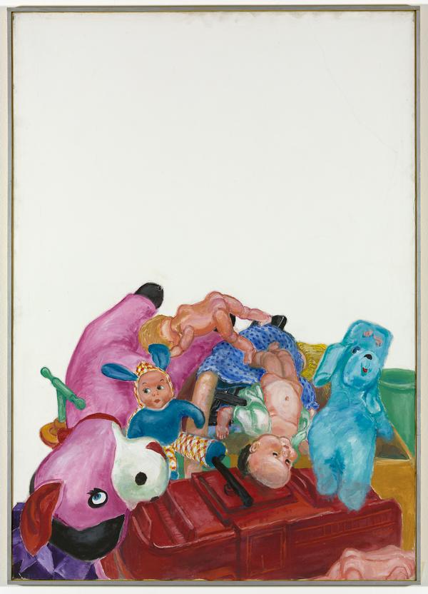 Christa Dichgans, Spielzeugstilleben (New York), 1967, Acryl auf Leinwand im Holzrahmen, 143,2 × 102 cm
