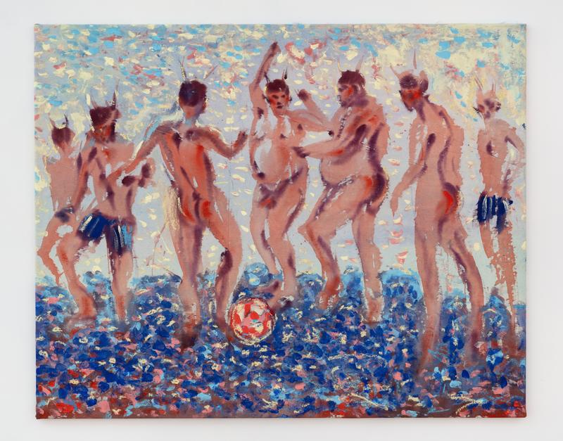 7 players, 5 completely nude and 2 in swimwear, on the blue sparkling beach, 2025, Acryl und &Ouml;lkreide auf Leinwand, 100 x 120 cm