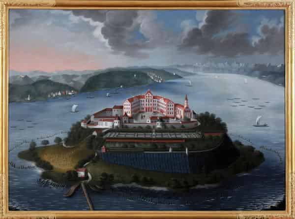 Insel Mainau, Ansicht von Westen (mit Weinberg), Öl auf Leinwand, Mitte 18. Jahrhundert, von der Insel Mainau