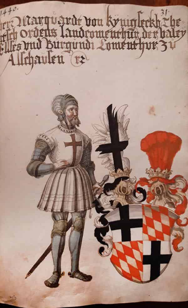 Aquarell des Landkomturs der Deutschordensballei Elsass-Burgund Marquard von Königsegg (1411-1436), wohl 16. Jahrhundert, Wappenbuch aus Privatbesitz
