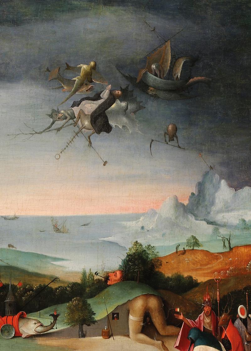 Werkstatt des Hieronymus Bosch (um 1450&ndash;1516), Die Versuchung des heiligen Antonius, Triptychon, um 1520&ndash;1550, &Ouml;l auf Leinwand auf Holz &uuml;bertragen, linker Fl&uuml;gel, 92 &times; 37,5 cm, (Ausschnitt)