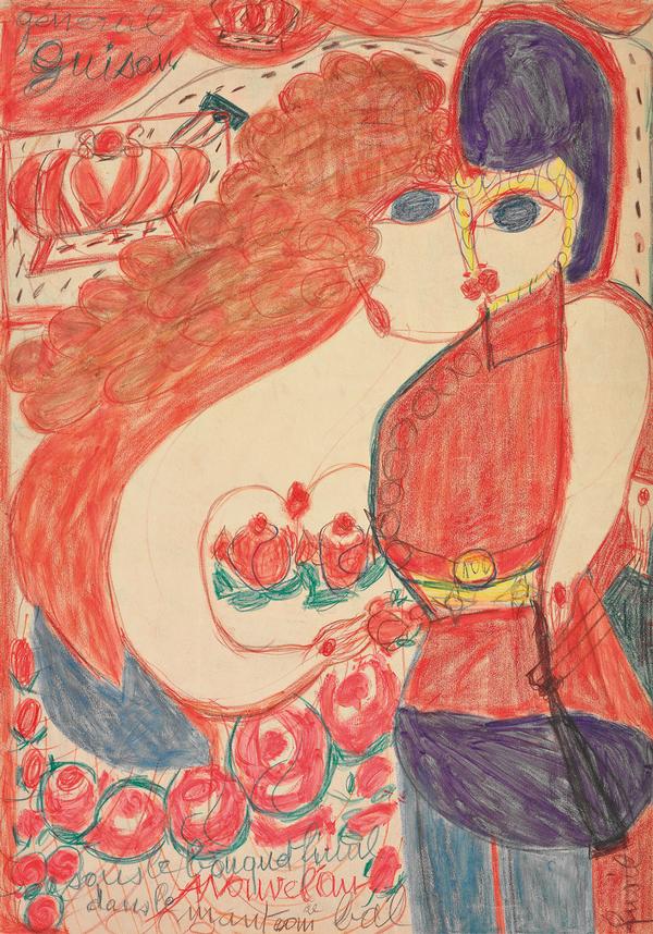 Aloïse Corbaz, Général Guisan sous le bouquet final, zwischen 1951 und 1960, 59,5 x 42 cm, Farbstifte auf Papier, recto, verso