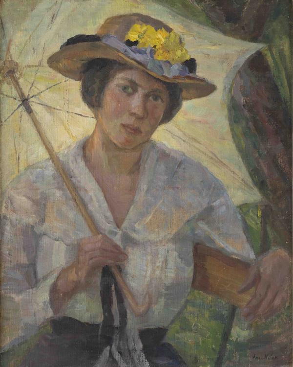 Anna Huber, Frau mit Hut und Sonnenschirm, undat., Bund Bildender Künstlerinnen Württembergs