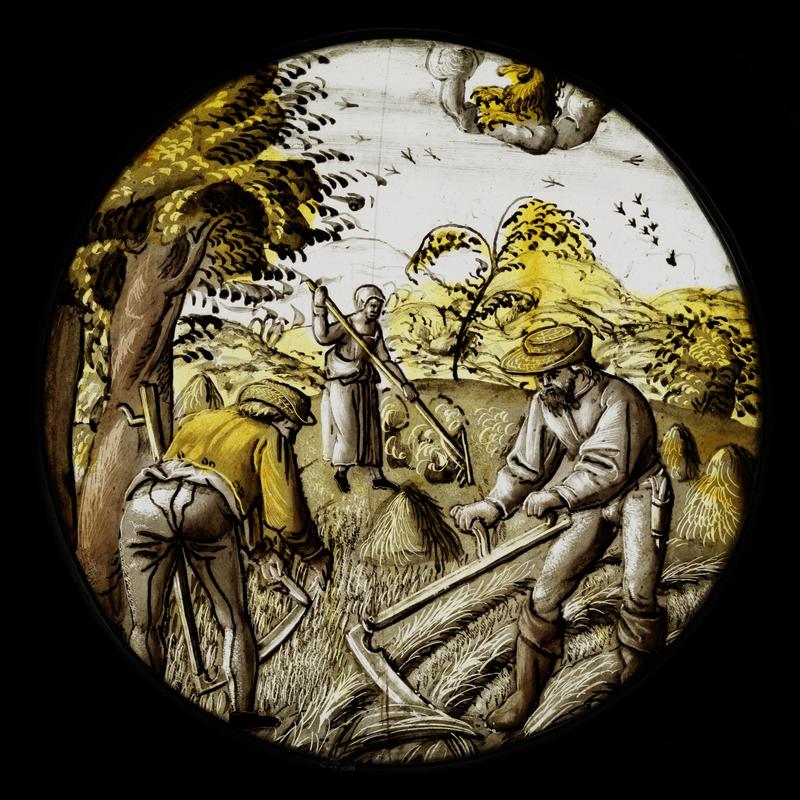 Ausstellung „UFFRUR!“: Bauern bei der Heuernte, Monatsbild Juli mit zugehörigem Sternzeichen, Glasmalerei, Nürnberg, 1530-40