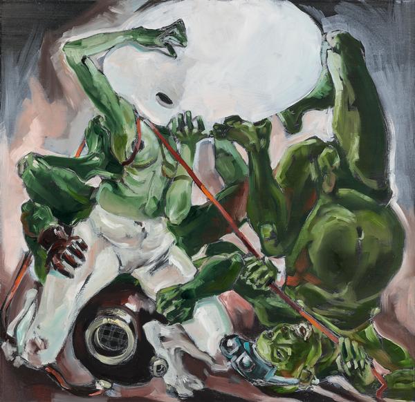 Ausstellung „PROFILE – Bildende Kunst in Regensburg", Johannes Steubl, Zwei Herren sind einer Dame irgendwie behilflich, 2022