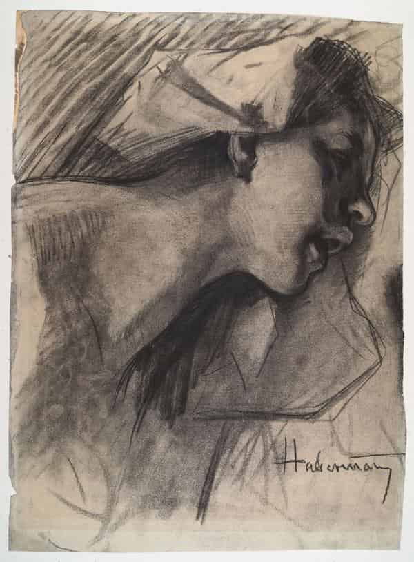 Hugo von Habermann, Mädchenkopf im Profil, Kohle, 48 x 35,2 cm, Museum im Kulturspeicher Würzburg, erworben bei Galerie Gurlitt, Berlin, 1944