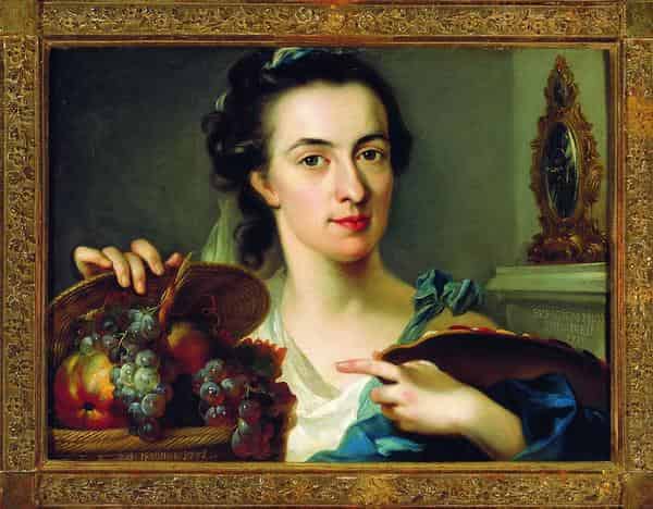 Catharina Treu und Johann Nicolaus Treu Portrait Catharina Treu mit Palette und Früchtekorb, Öl / Eichenholz (39x51cm), 1771