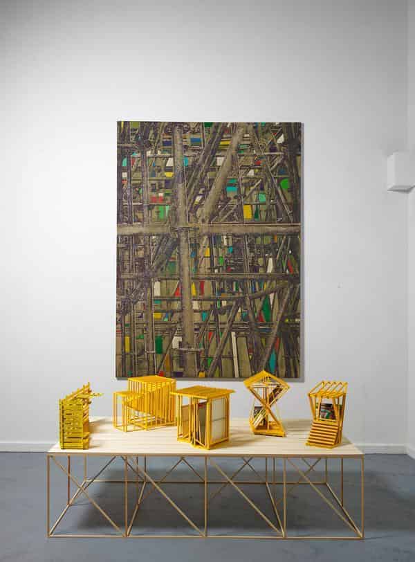 Jan Muche OT, 2013, 250 x 180cm, Acryl, Asche und Tusche auf Leinwand und verschiedene Holzobjekte