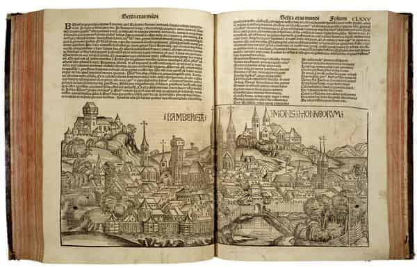 Doppelseite aus der Schedelschen Weltchronik mit einem Holzschnitt der Stadt Bamberg. Nürnberg, Anton Koberger, 1493 | Staatsbibliothek Bamberg, JH.Inc.typ.IV.24, Bl. CLXXIVv/CLXXVr