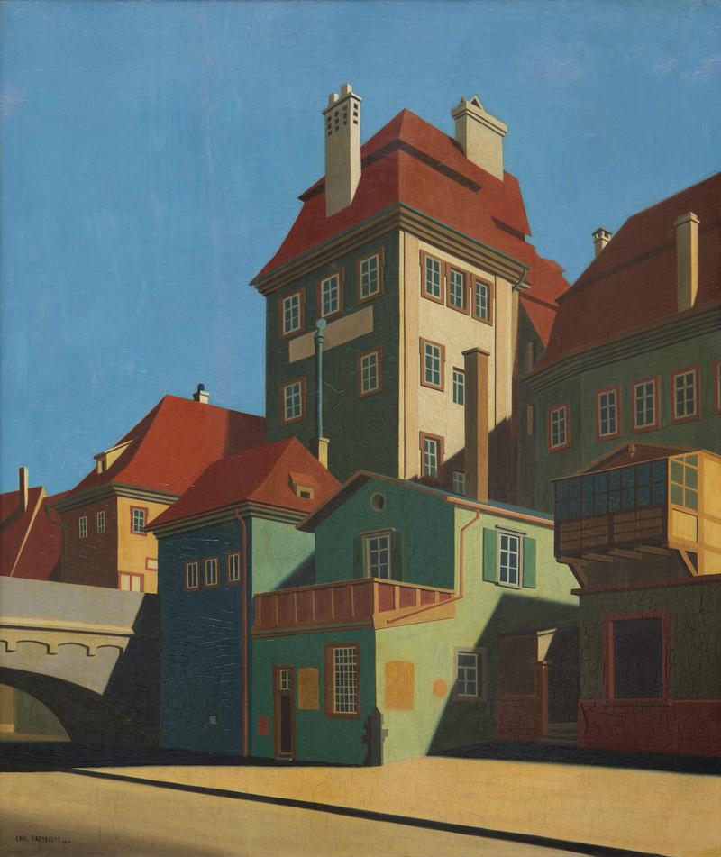 Carl Grossberg, Brückenkopf an der Alten Mainbrücke, 1928, Öl auf Sperrholz, 60 x 50 cm