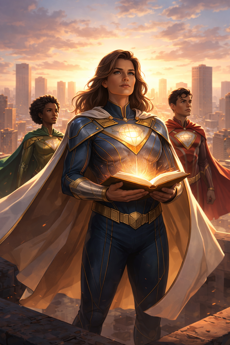 Unsere Superhelden: „Helden im goldenen Abendlicht“, KI-generiert