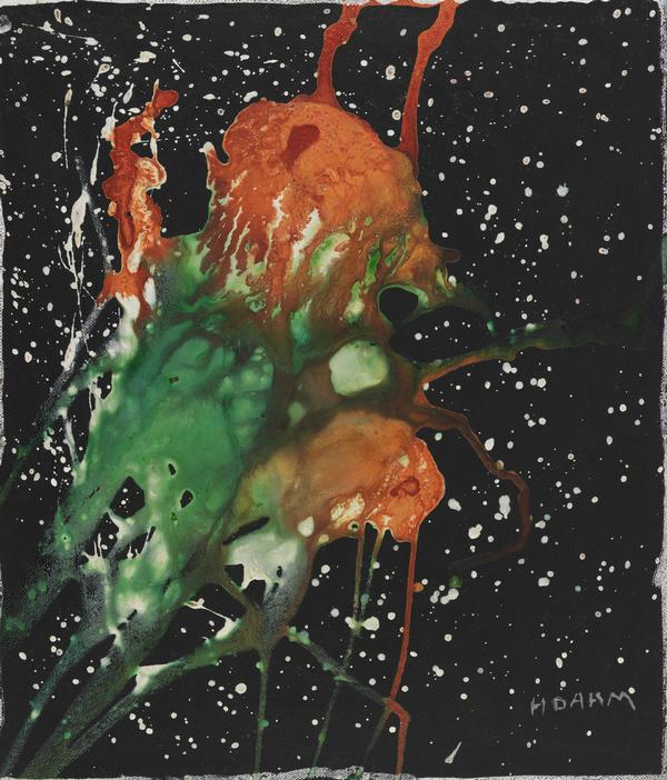 Helen Dahm, Grüner Meteor/ Komposition, schwarz-grün-rot, nach 1957, Mischtechnik auf Hartfaserplatte, 76 x 64 cm, Privatsammlung