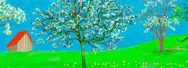 David Hockney „A Year in Normandie“, 2020-2021 zusammengesetztes iPad-Gemälde (Detail) 1 x 90,75 m