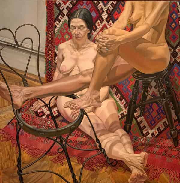 Two Models with Bent Chair and Kilim Rug, 1984, Öl auf Leinwand