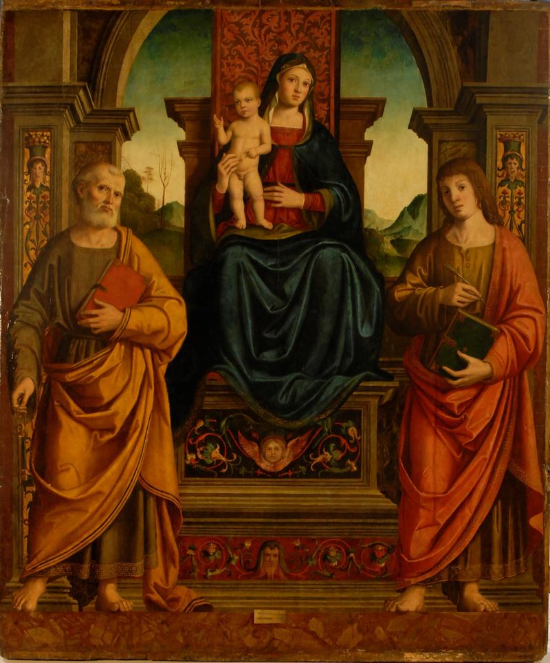 Marco Palmezzano, Die Madonna mit dem Kind und den Heiligen Petrus und Johannes dem Evangelisten, Öl auf Holz (Pappel), 162 × 136,5 cm, Bohdan und Varvara Khanenko Nationalmuseum