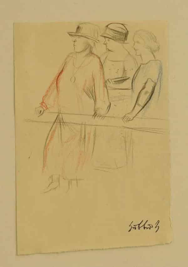 Karl Hubbuch, drei Frauen, um 1930, Farbstiftzeichnung, 15 x 10,4 cm