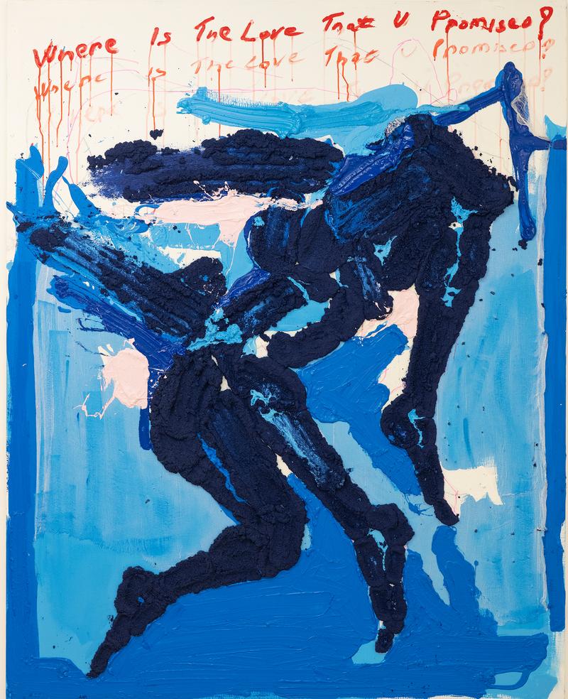 Albana Ejupi: In Between 1, 2025 Acrylic, Sand, Oil, Pastel, Paper & Textile on Canvas, 200 &times; 160 cm