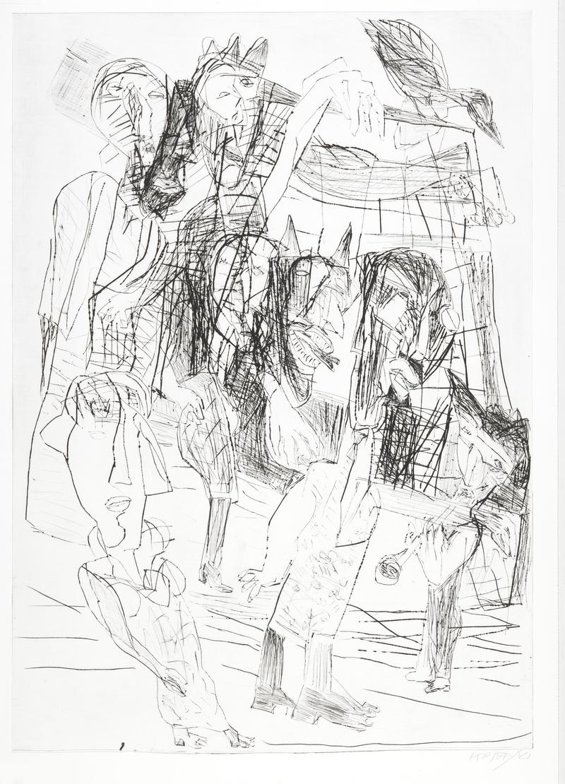 END SPIEL IM ABSCHIEDS RAUM, 2023, Kaltnadel, 139 × 99 cm