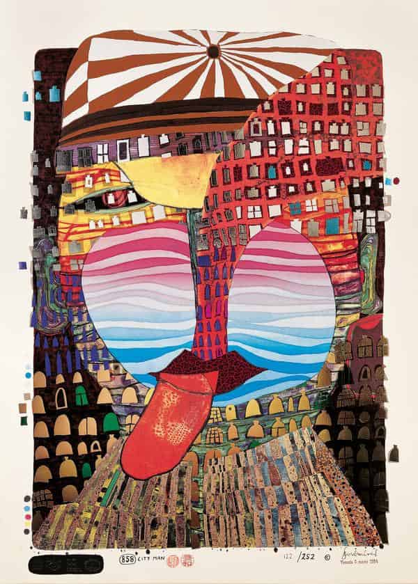 Friedensreich Hundertwasser The city man, 1984 Mixed media Grafik: Fotolithographie von Zink in 4 Farben, Siebdruck in 13 Farben, Metallprägungen in 9 Farben (41 Druckvorgänge) Sammlung Würth, Inv. 1043