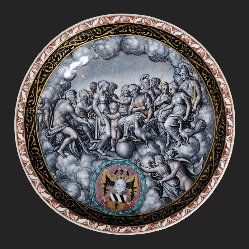 Pierre Reymond: Präsentierschale mit der Darstellung „Amor und Venus vor dem Rat der Götter“, Emaille-Malerei, Limoges 1562, Leihgabe der Tucher Kulturstiftung im Museum Tucherschloss und Hirsvogelsaal