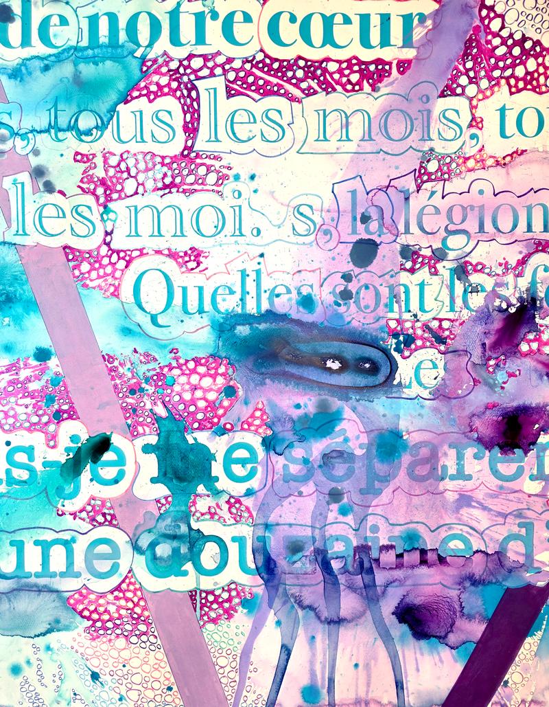 Alexandra Grant, Detail after Cixous, 2026. Silk screen, colored pencil, acrylic paint, acrylic ink, and sumi ink on paper