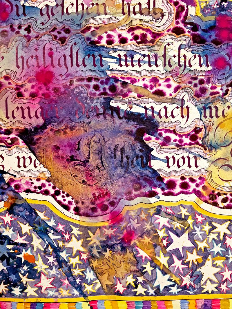 Alexandra Grant, Detail after Ebner, 2026. Silk screen, colored pencil, acrylic paint, acrylic ink, and sumi ink on paper
