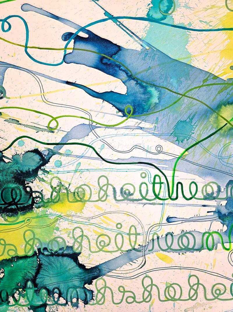 Alexandra Grant, Detail after Fueg, 2026. Silk screen, colored pencil, acrylic paint, acrylic ink, and sumi ink on paper