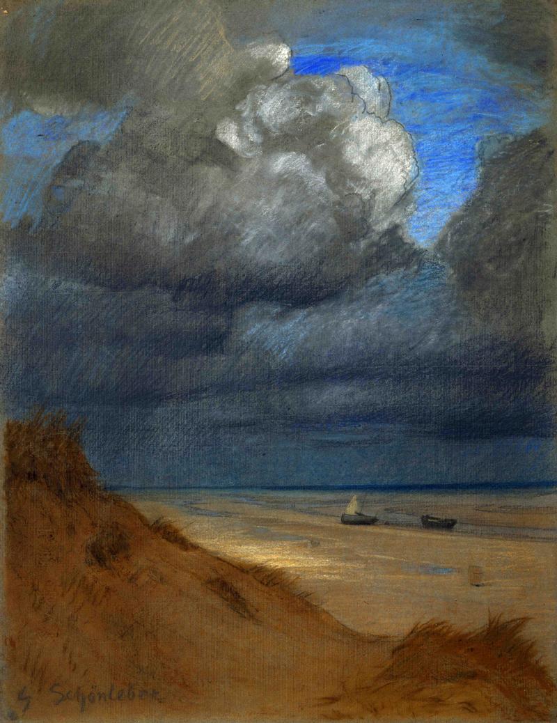 Gustav Sch&ouml;nleber, Gewitterstimmung bei la Panne, 1889, Kohle, Pastellkreide auf B&uuml;ttenpapier