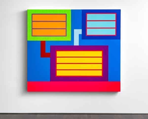 Peter Halley: Code 8, 2019. Acryl, fluoreszierendes Acryl und Roll-A-Tex auf Leinwand