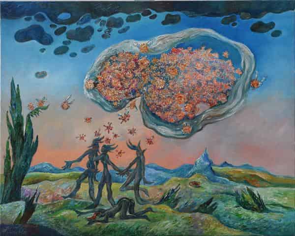 Hans Bäurle, Corona-Invasion 2020, Öl auf Leinwand, 80 × 100 cm, Im Besitz des Künstlers