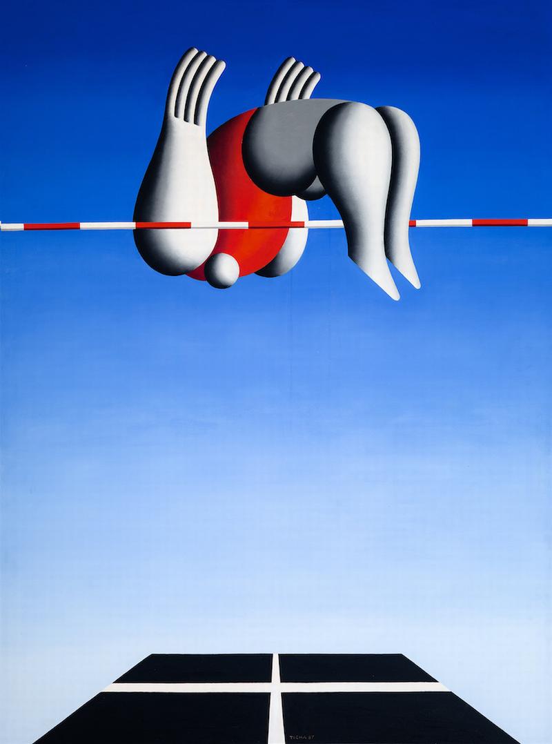Hans Ticha Der Hochspringer, 1987, Öl auf Leinwand, 190 x 144 cm, Museum Utopie und Alltag (Bestand Beeskow)